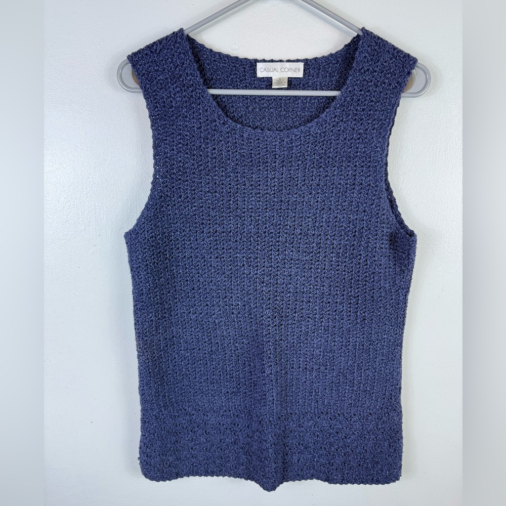 Casual Corner Sweater Vest XL Cotton Linen Blend Crochet Blue Winter Y2K